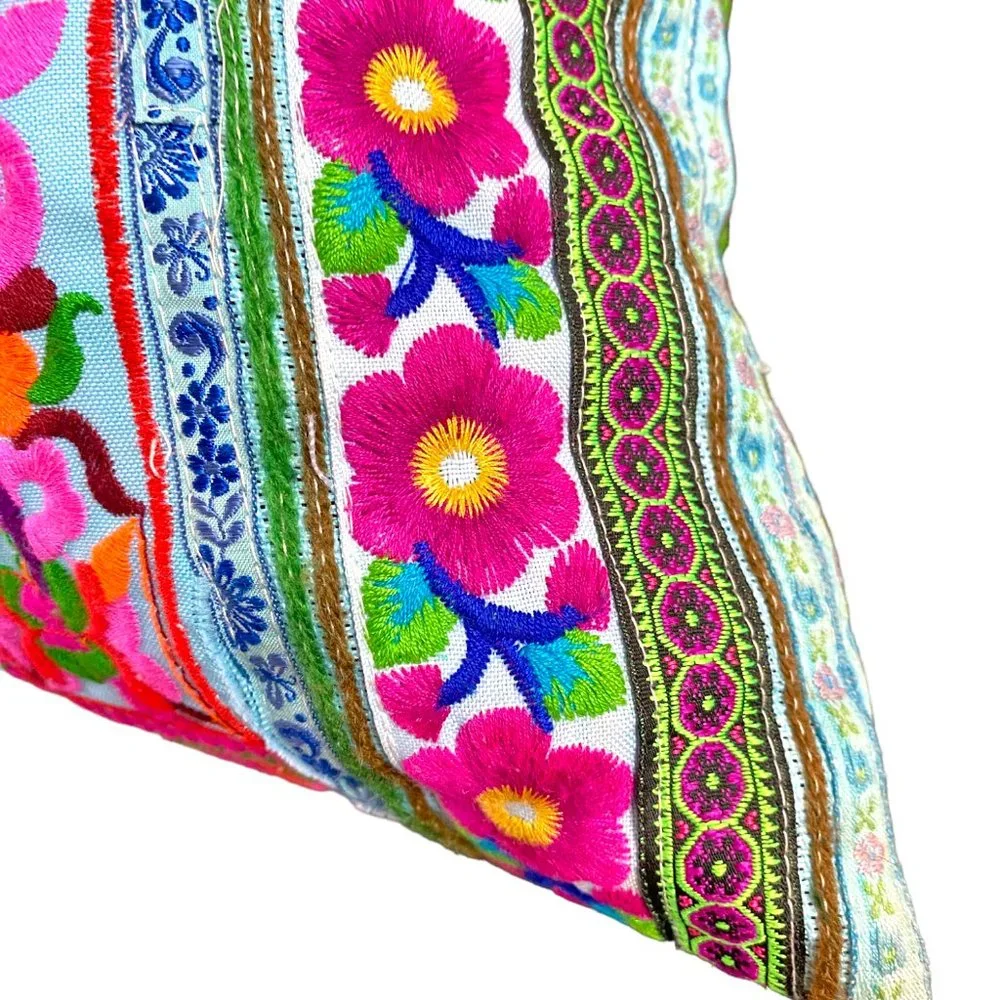Boho Embroidery Multi-Color Flowers Weekender Hobo Tote Pom-Poms Inside Zip #02 - Picture 14 of 15